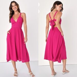 LULU’S MAGENTA TIE-BACK MIDI DRESS WITH POCKETS